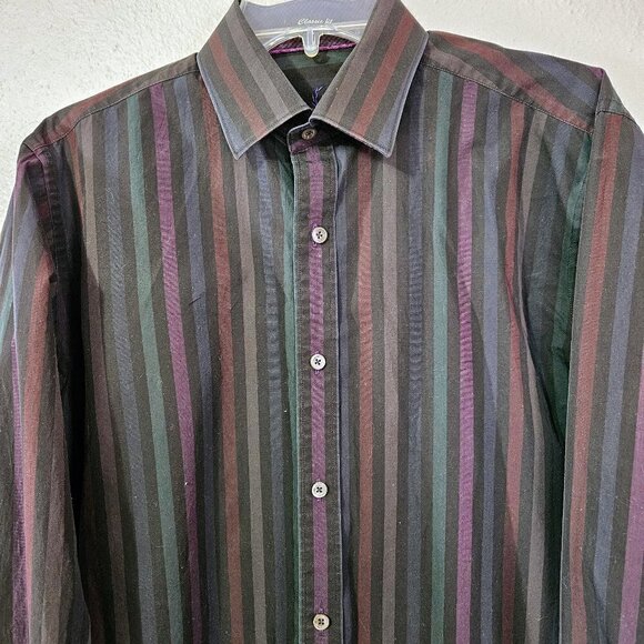 BUGATCHI MEN'S CLASSIC FIT PURPLE BLACK DARK STRIPE SHIRT SZ M - Picture 4 of 7